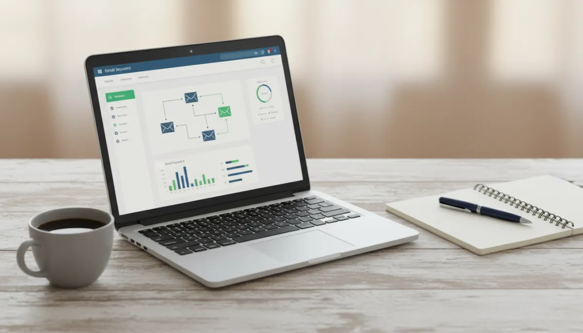 Laptop displaying an automated nurture email sequence dashboard