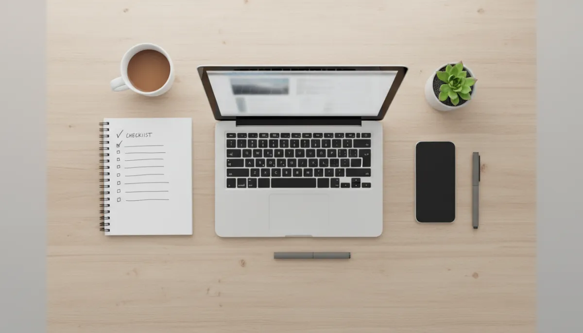 Desk with a written checklist planning a small business online review strategy
