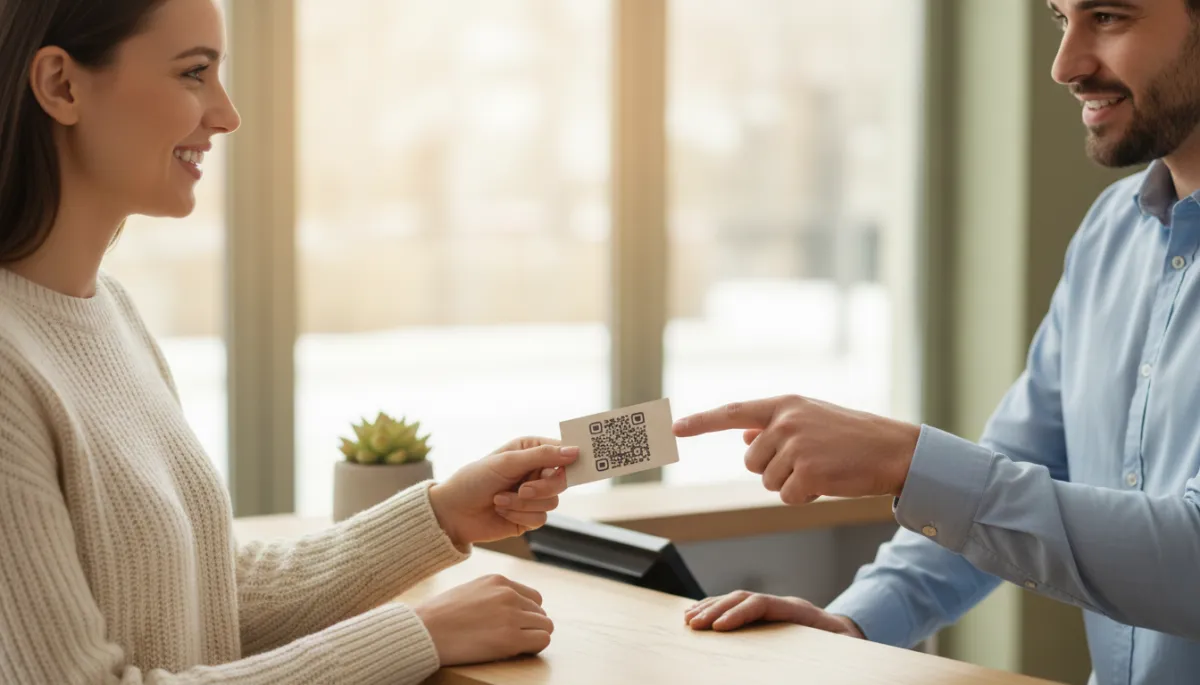 Staff member inviting a happy customer to leave an online review using a QR code
