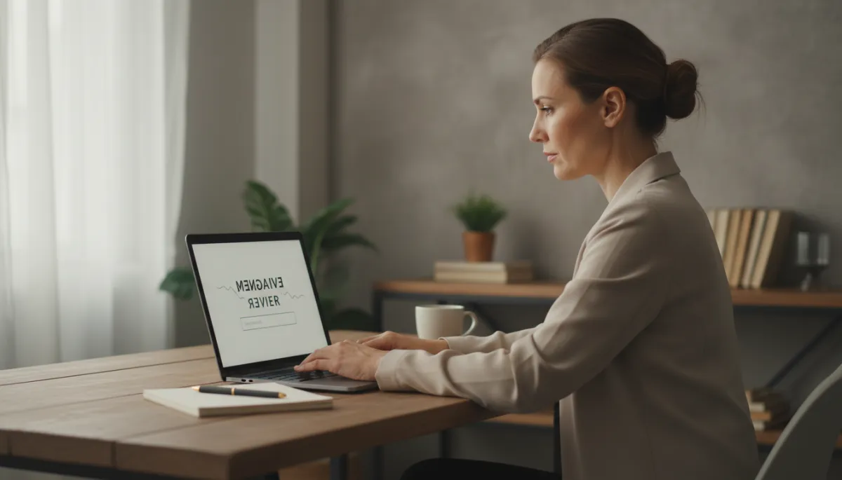 Business owner calmly composing a thoughtful response to a negative online review