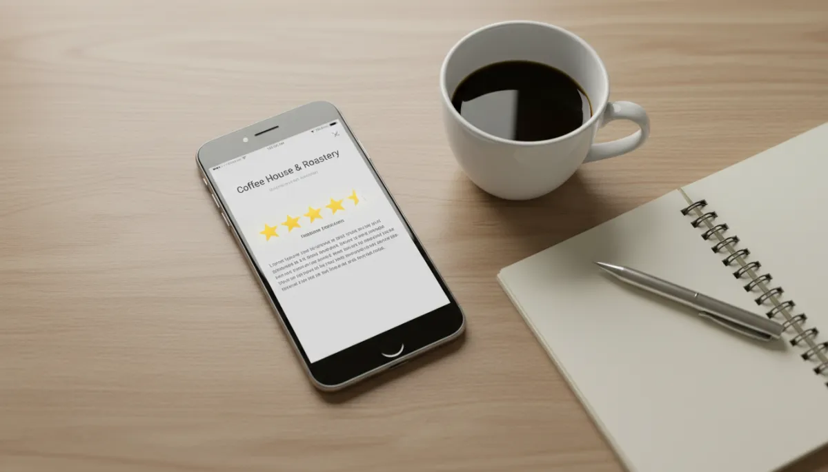 Smartphone showing a business listing with five-star customer reviews