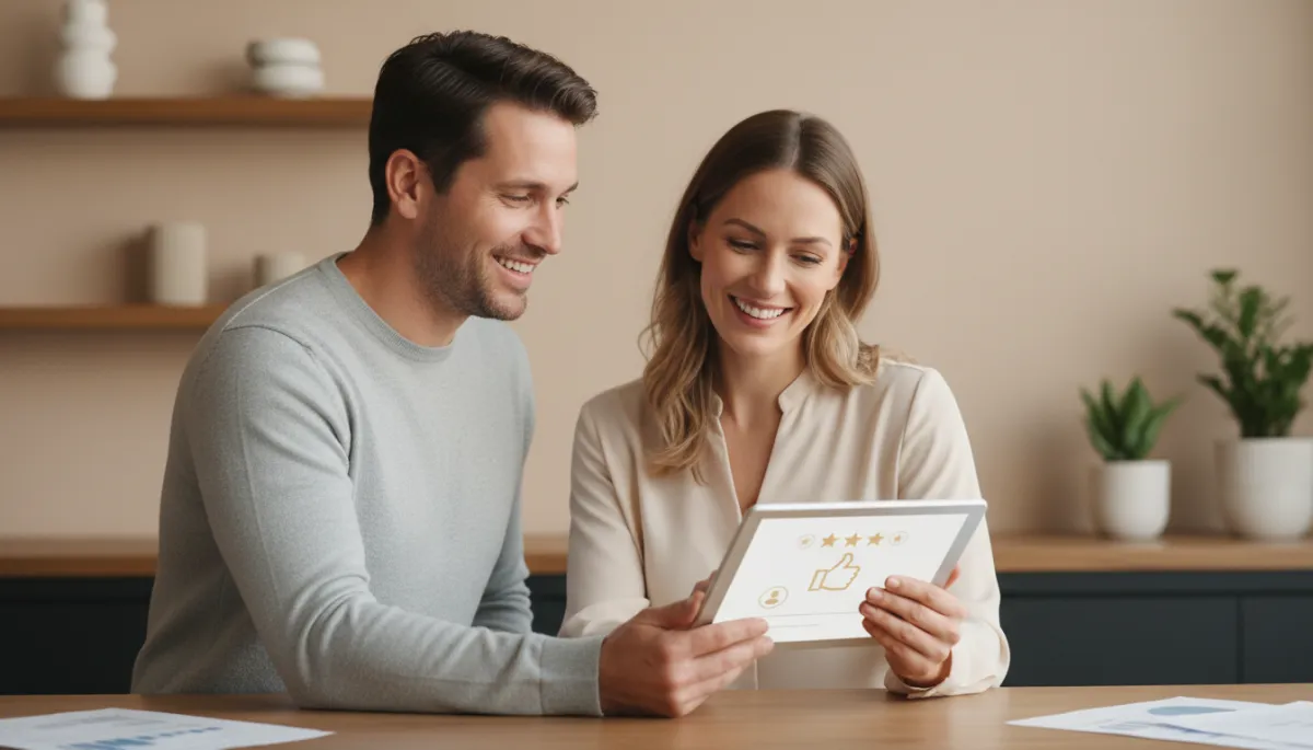 Business owner asking a happy customer to leave an online review