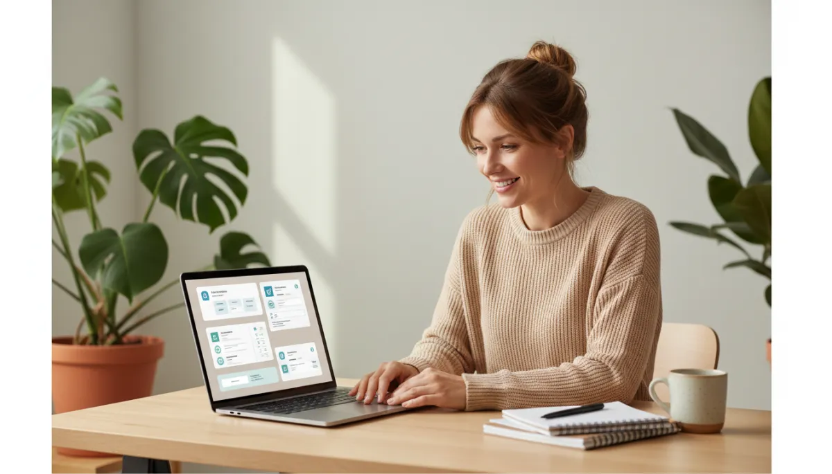 Small business owner smiling at laptop as automated payment reminders send