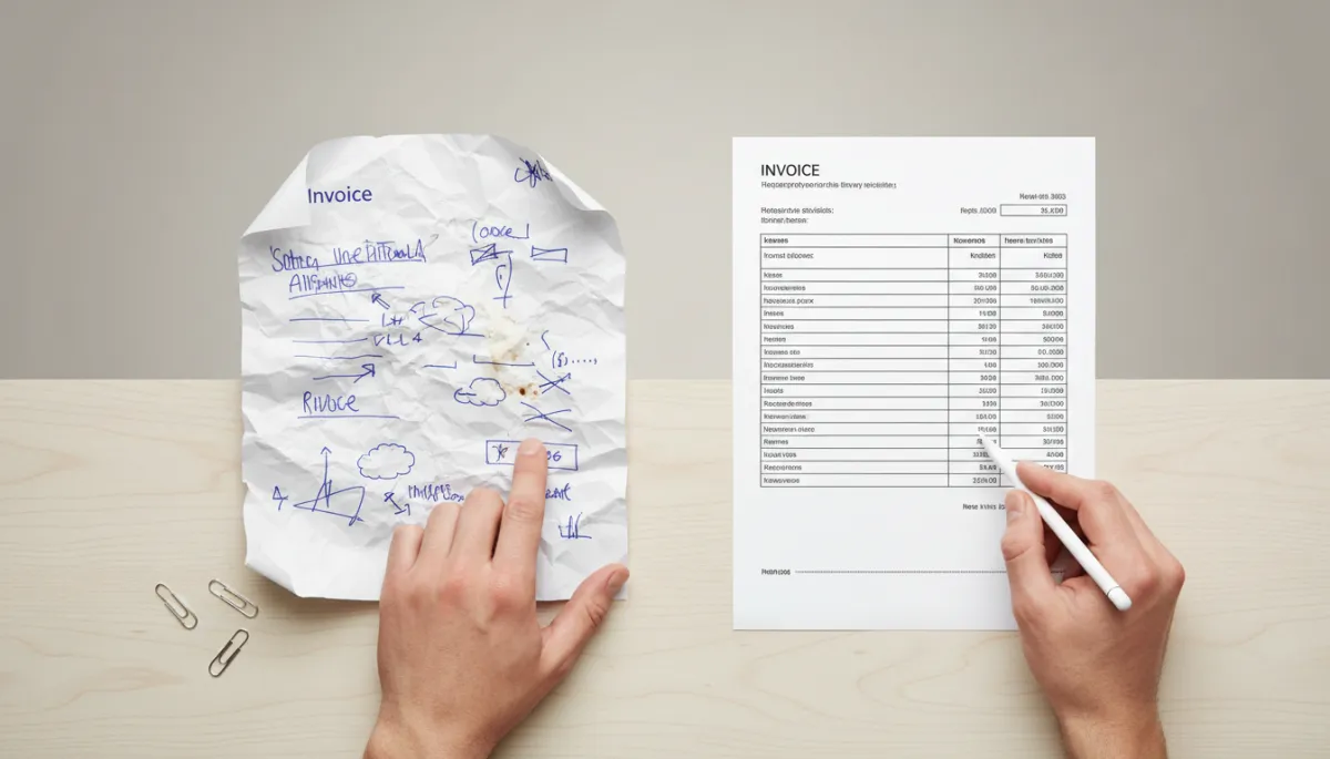 Comparison of messy handwritten invoice and clean professional invoice on a desk