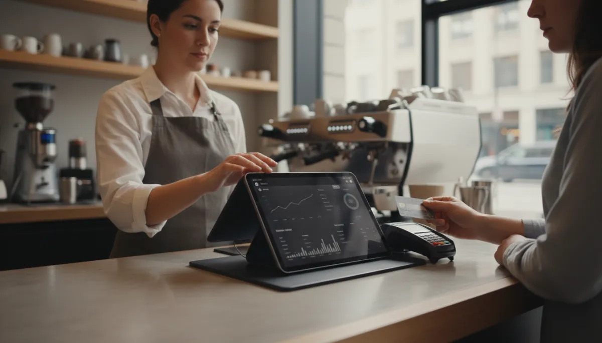 Barista using a tablet POS system while customer pays with a card