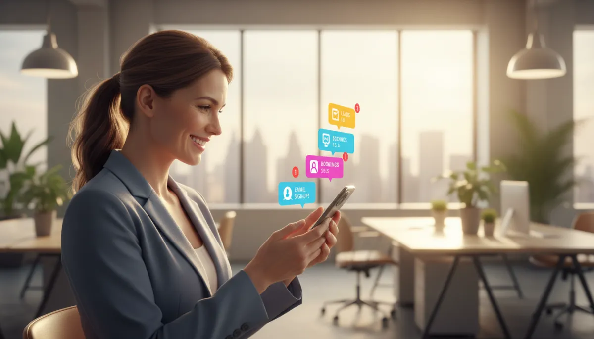 Business owner smiling at phone as new leads and bookings come in