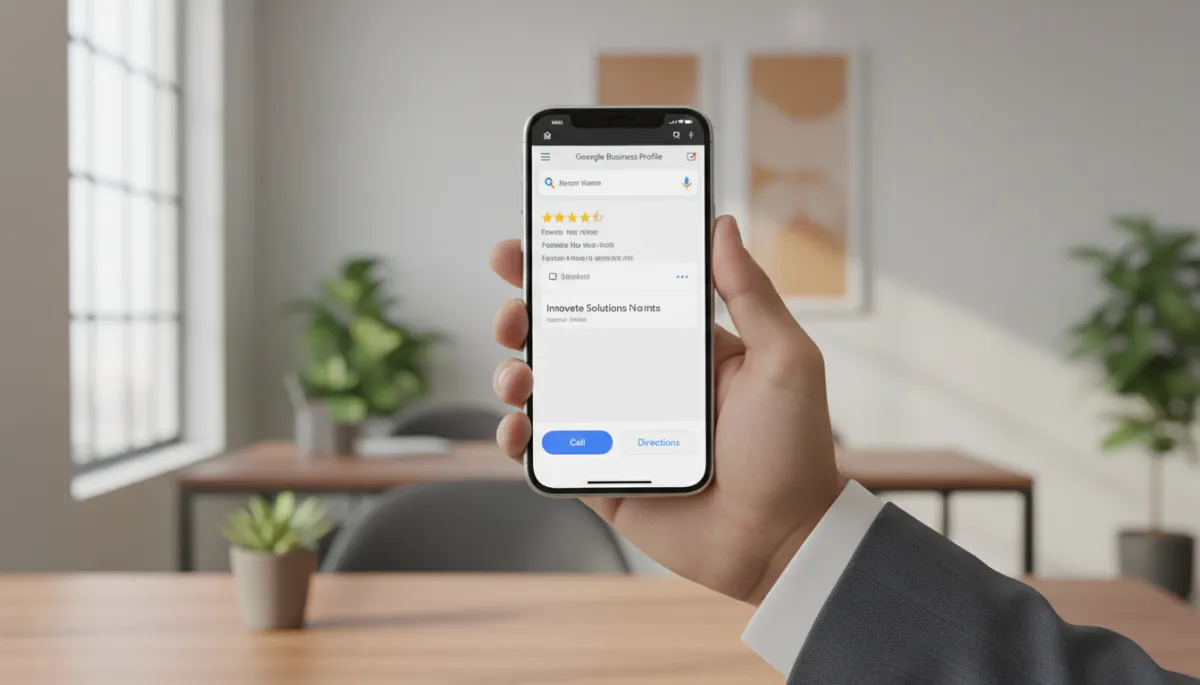 Smartphone showing an optimized Google Business Profile with strong reviews