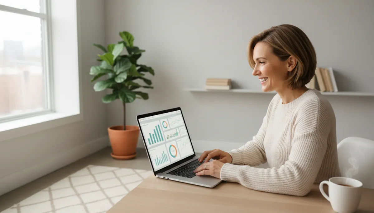 photorealistic neutral-toned office with a small business owner smiling at a laptop showing automated dashboards, soft natural light, minimal modern decor
