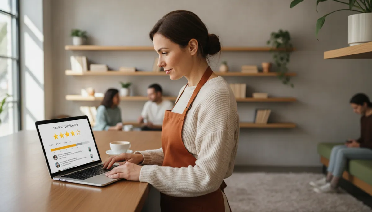 photorealistic neutral-toned scene of a small business owner standing behind a counter, looking at a laptop showing a reviews dashboard with star ratings and customer comments, soft natural light, modern but cozy interior