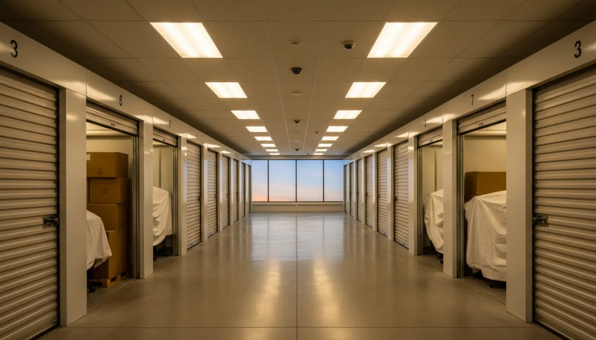 Interior corridor of a modern self-storage facility with roll-up doors
