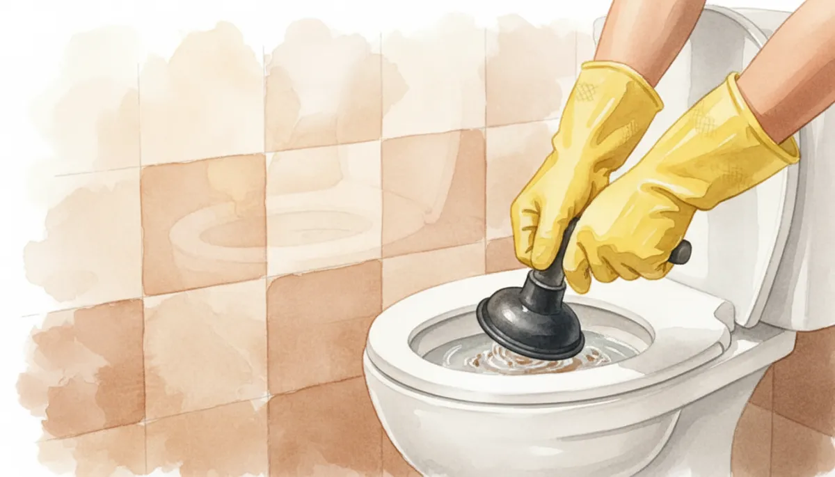 Person using a flange plunger in a white toilet in a neutral bathroom Person using a flange plunger in a white toilet in a neutral bathroom
