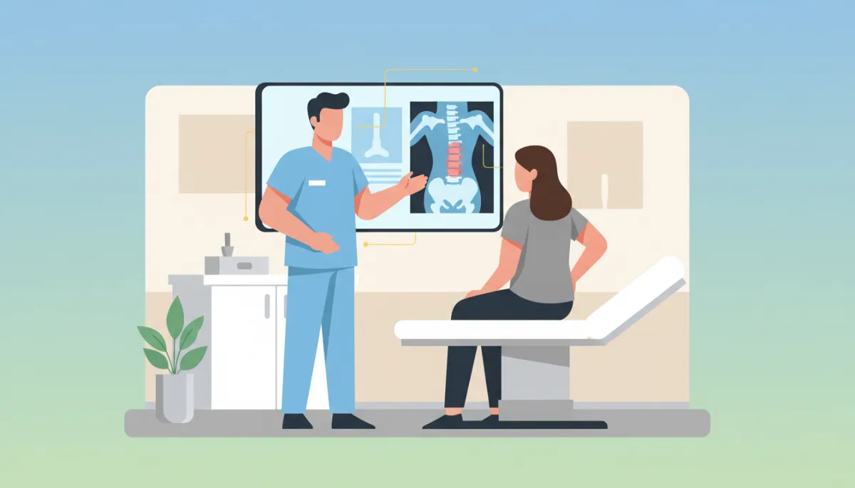 Personal injury physician discussing auto accident test results with a patient in a clinic