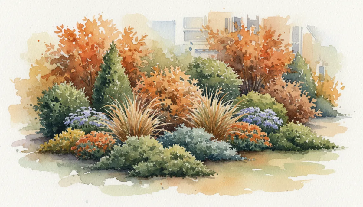 Layered foundation planting with trees, shrubs, grasses, and perennials in a New Jersey yard