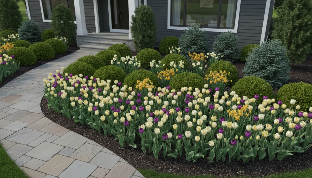 Curved drifts of tulips and daffodils in a professionally designed New Jersey front yard