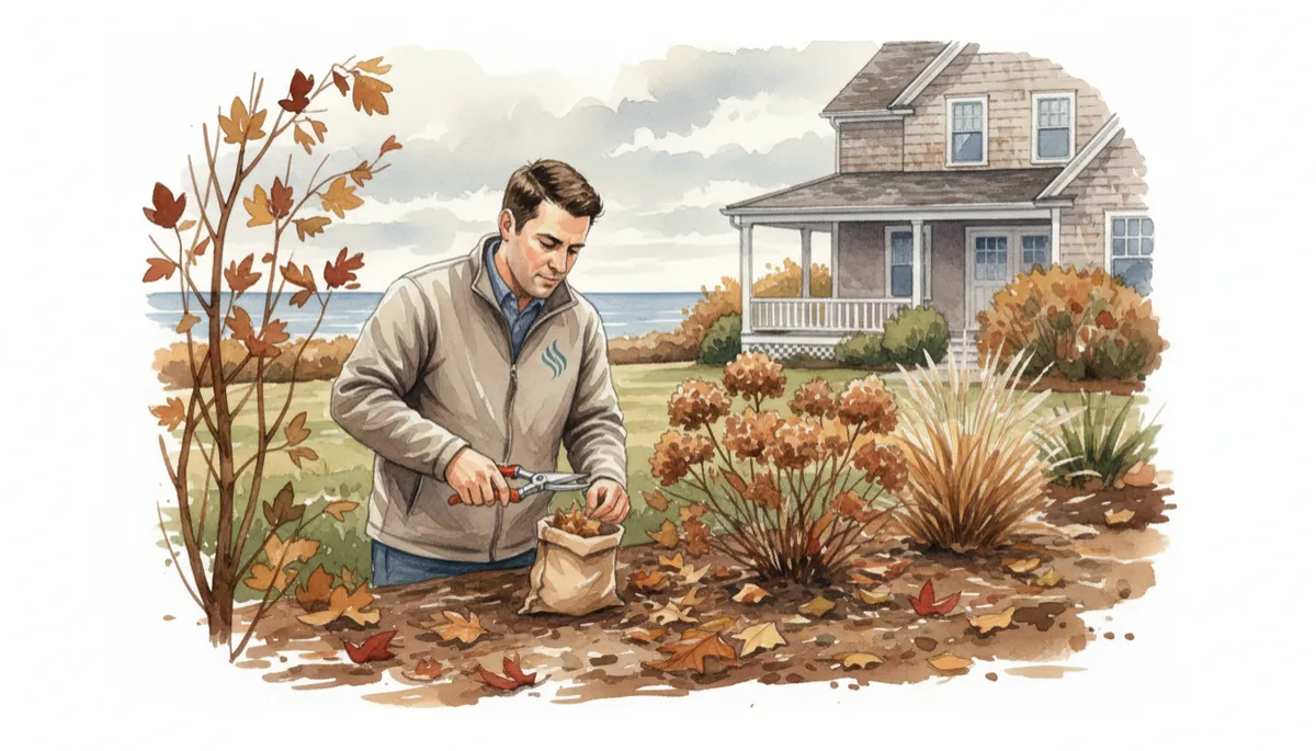 Landscaper performing selective pruning and bed cleanup in New Jersey