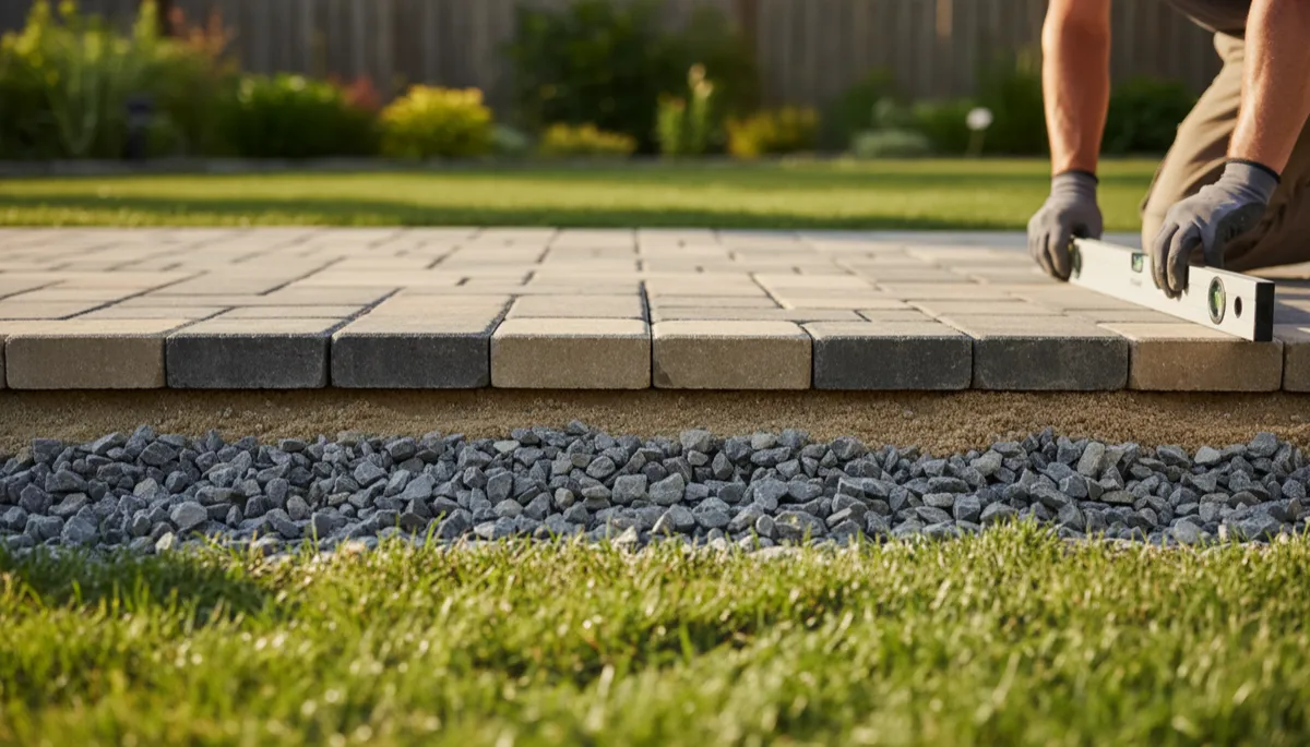 Cross-section of a paver patio base being installed and leveled in a New Jersey backyard