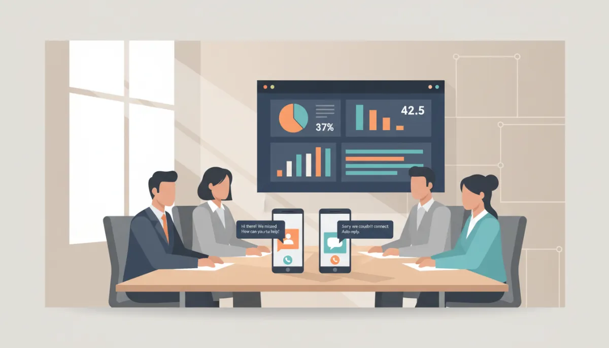 professional neutral-toned office environment with a business team reviewing call analytics dashboard on large screen, smartphones on the table showing automated text replies to missed calls, soft natural lighting, professional photorealistic style