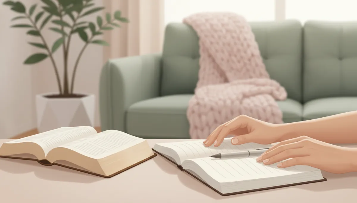 Hands resting on a journal beside an open Bible in a peaceful neutral-toned setting