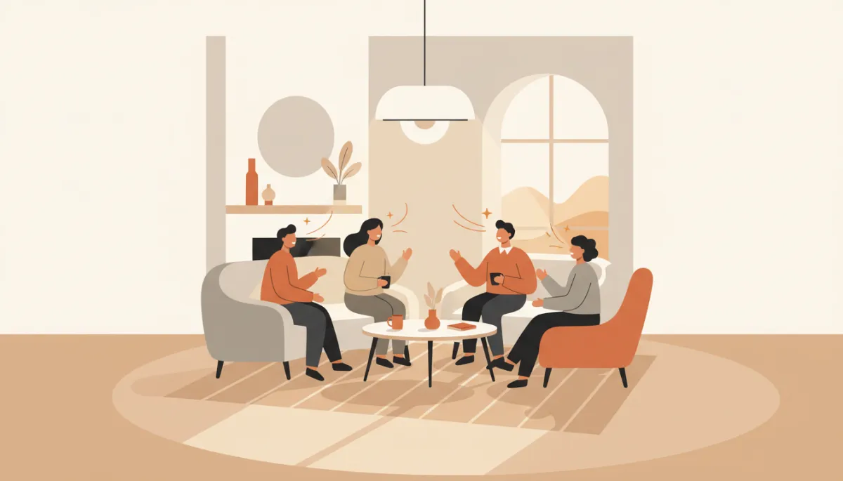 Small group sharing peaceful conversation in a warm living room