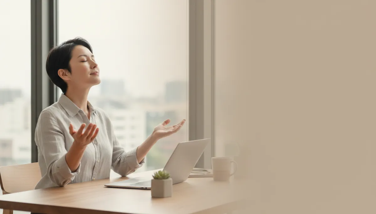 Person taking a quiet moment at their desk to practice release and reflection