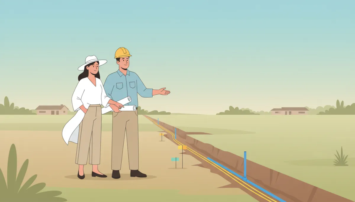 Builder and homeowner reviewing utility layout on a semi-rural homesite Builder and homeowner reviewing utility layout on a semi-rural homesite