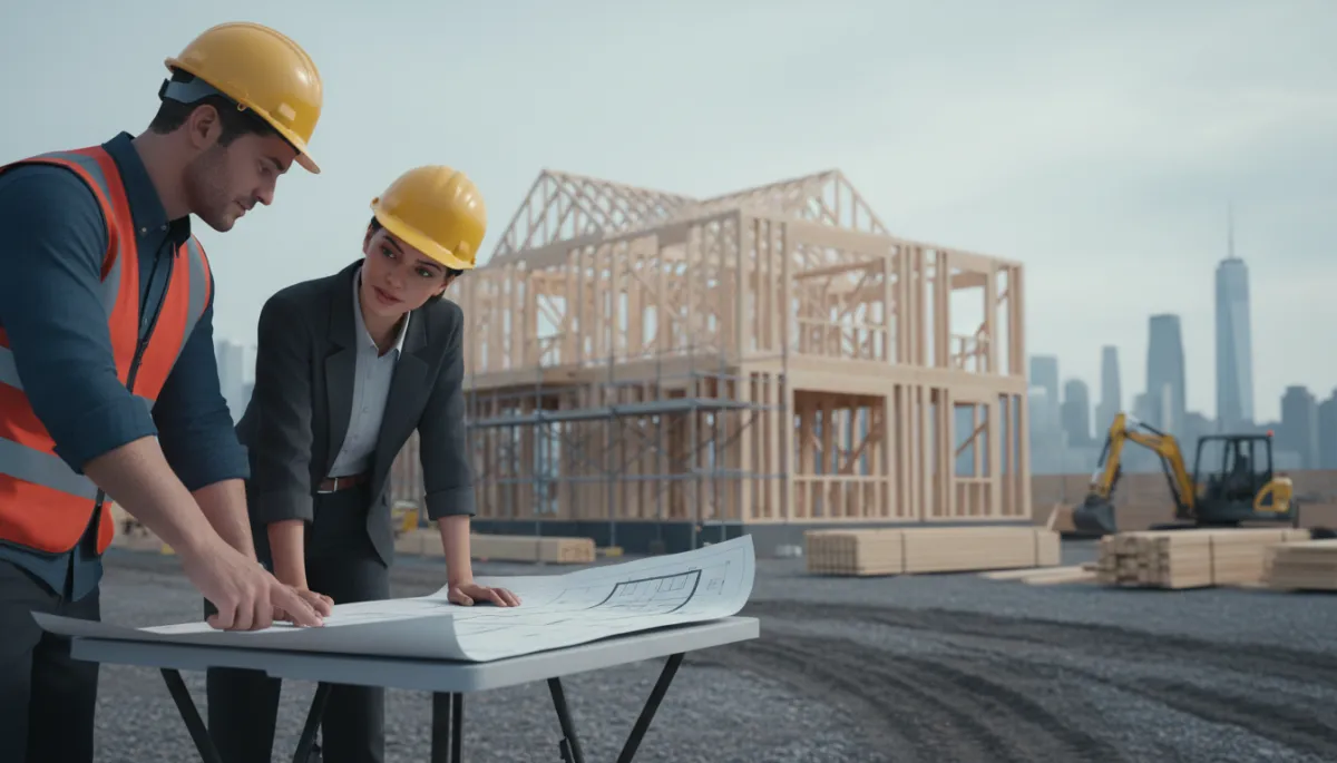 Professional neutral-toned photo of a builder and homeowner reviewing custom home plans