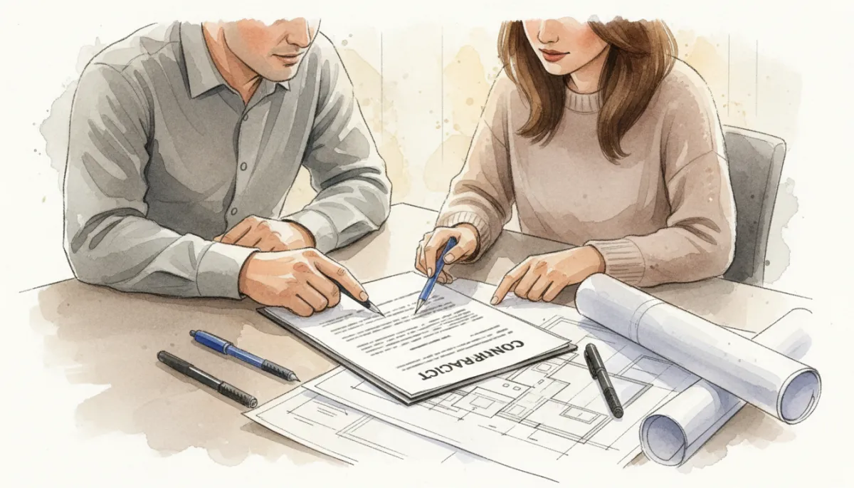 Homeowner reviewing a detailed written construction contract with a contractor