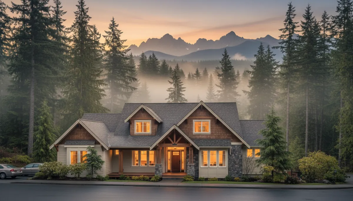 photorealistic neutral-toned Pacific Northwest craftsman-style recovery home at golden hour, surrounded by evergreens and soft mist, warm lights glowing from windows, quiet residential street, subtle mountain silhouette in background