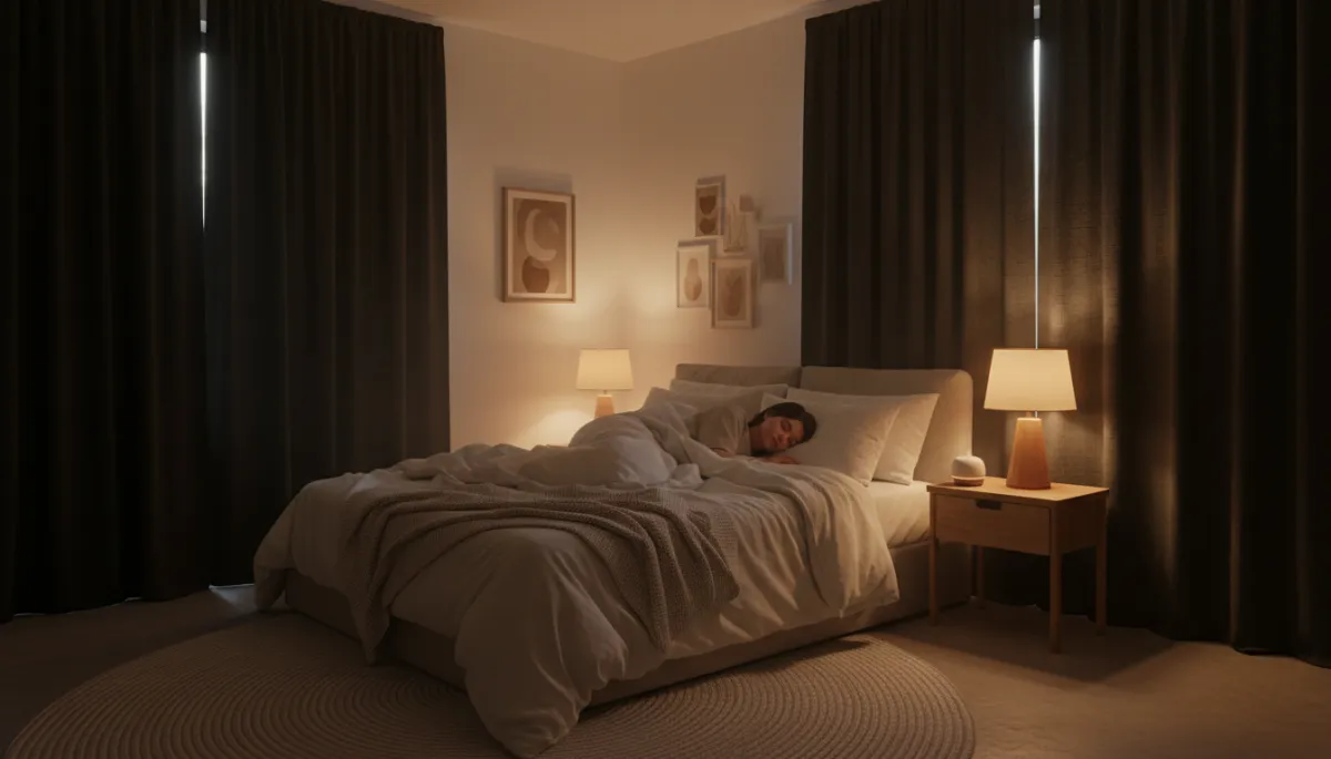 photorealistic neutral-toned cozy bedroom at night, soft lamp light, neatly made bed with white and beige linens, a person in their 30s sleeping peacefully on their side, blackout curtains drawn, minimal decor, calm and serene atmosphere
