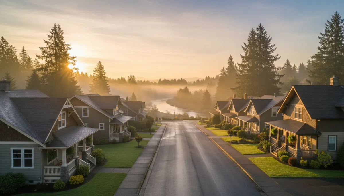 photorealistic quiet Washington small-town neighborhood at sunrise, craftsman-style homes with front porches, tall evergreen trees, soft mist over a nearby river, warm light in a few windows suggesting early morning calm and hope