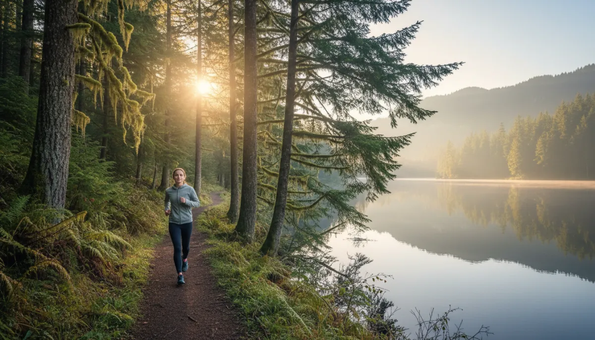photorealistic scene of a person in athletic wear jogging along a forested trail near a calm lake in the Pacific Northwest, misty evergreens and soft morning light, peaceful and hopeful mood