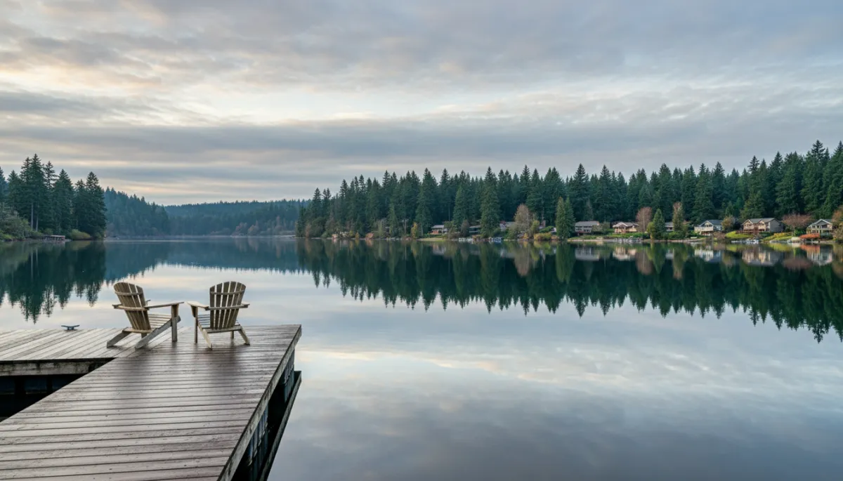 photorealistic calm morning at Lake Stevens WA, still water reflecting evergreen trees and soft clouds, a small dock with two empty Adirondack chairs, neutral color palette, peaceful residential homes in distance suggesting a quiet recovery community