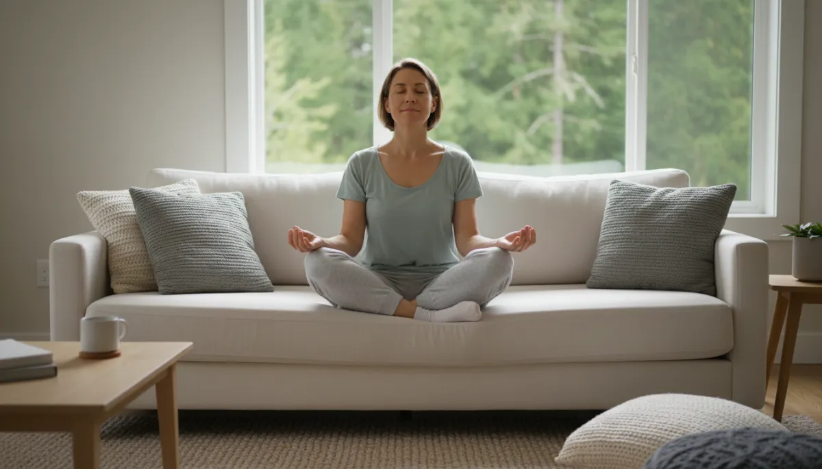 photorealistic neutral-toned scene of an adult sitting cross-legged on a simple couch in soft natural light, eyes closed, practicing calm breathing with hands resting gently on knees, minimal cozy living room decor, subtle view of Pacific Northwest greenery through a window
