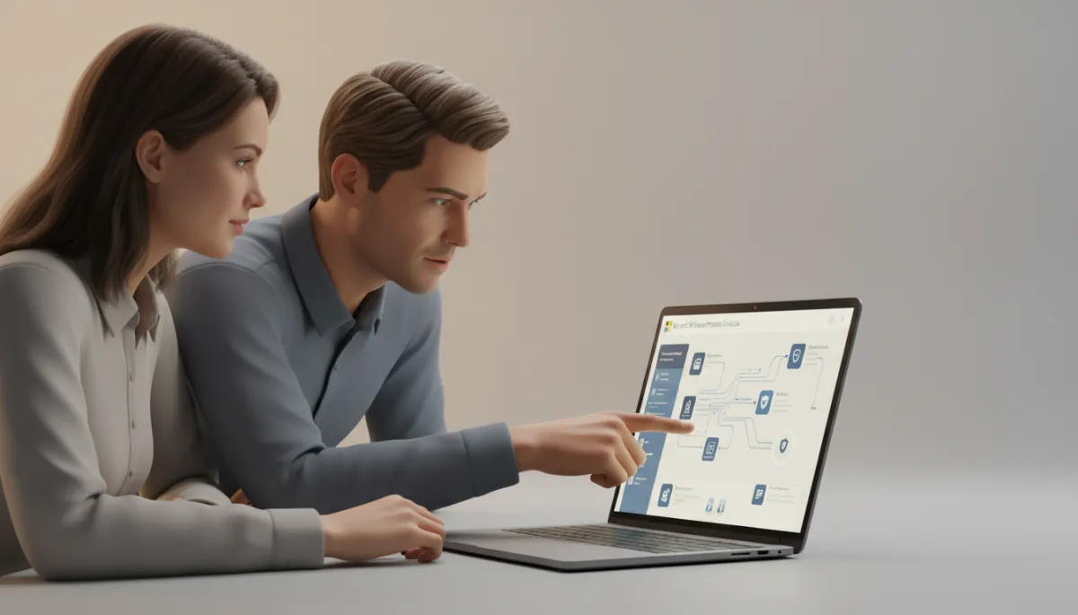 Consultant reviewing Microsoft 365 Business Premium security configuration with a business owner Consultant reviewing Microsoft 365 Business Premium security configuration with a business owner