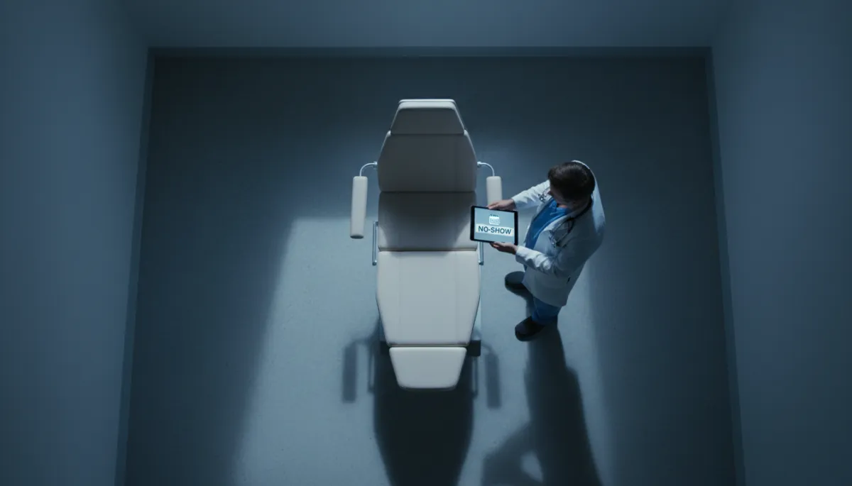 Physician in exam room viewing a schedule with a no-show alert