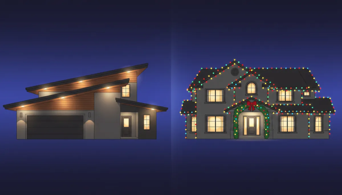 Side‑by‑side night view of two homes: one with subtle, cool-toned soffit accent lights, the other glowing with bold roofline bulbs, garland, and a warmly lit entry Side‑by‑side night view of two homes: one with subtle, cool-toned soffit accent lights, the other glowing with bold roofline bulbs, garland, and a warmly lit entry
