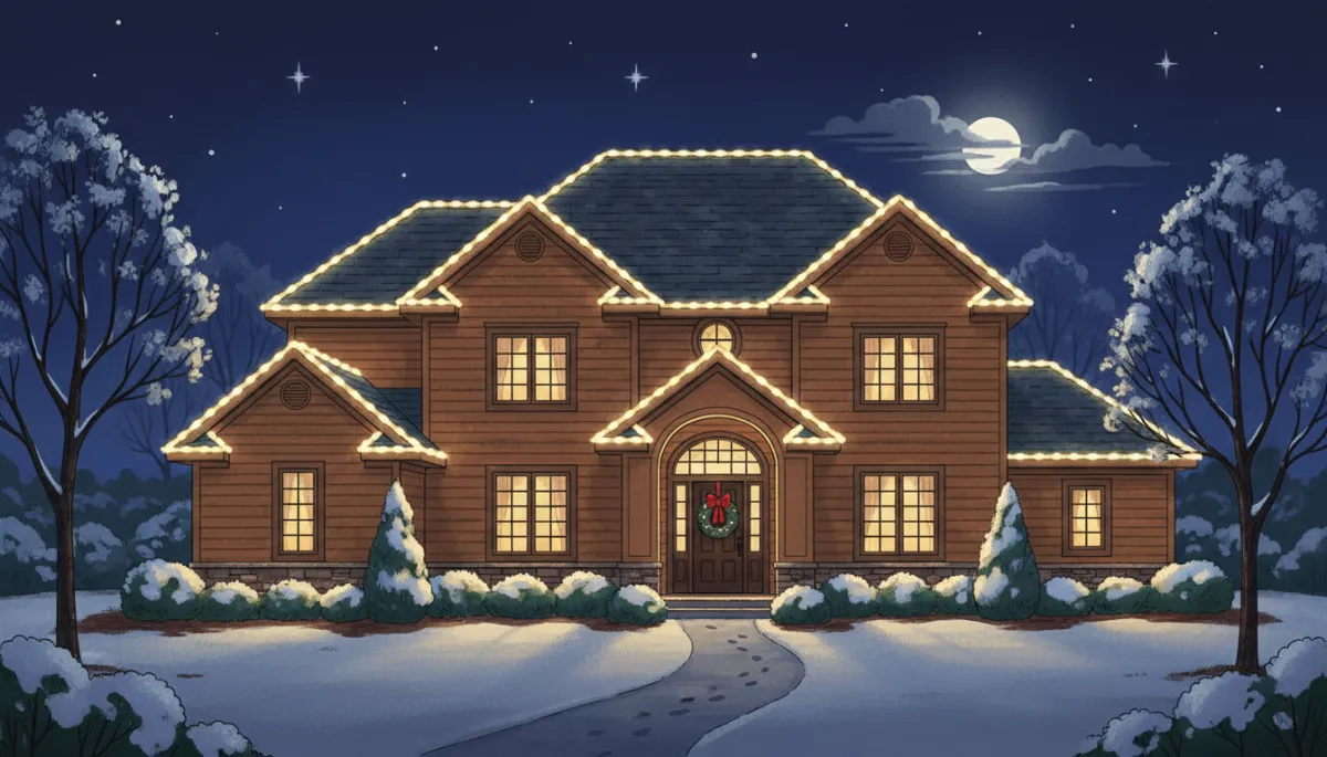 Two-story Cedar Falls home on a snowy evening, every peak and roofline traced in warm white bulbs with a glowing wreath framing the front door Two-story Cedar Falls home on a snowy evening, every peak and roofline traced in warm white bulbs with a glowing wreath framing the front door