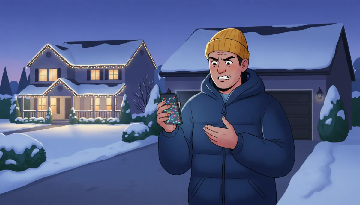 Snowy driveway scene with a homeowner frowning at a glitchy phone app while a neighboring house glows effortlessly with perfectly even Christmas lights Snowy driveway scene with a homeowner frowning at a glitchy phone app while a neighboring house glows effortlessly with perfectly even Christmas lights