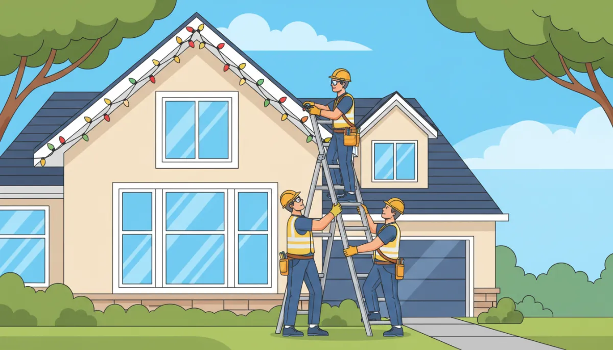 Sparkle technician in branded safety gear working confidently on a tall ladder, carefully clipping lights along a second-story roofline while a teammate steadies the base Sparkle technician in branded safety gear working confidently on a tall ladder, carefully clipping lights along a second-story roofline while a teammate steadies the base