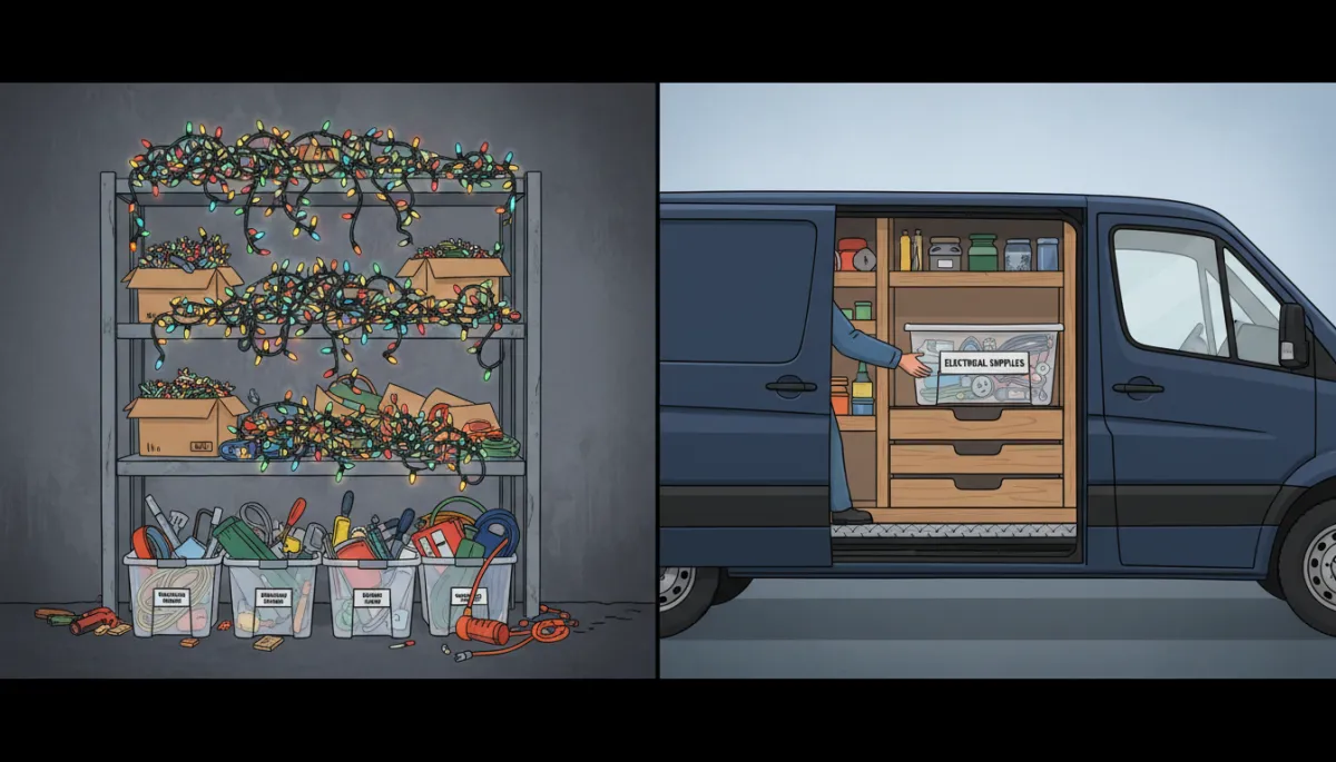 Cluttered shelf piled with tangled light strands contrasted beside a neat, labeled storage bin being loaded into a Sparkle service van Cluttered shelf piled with tangled light strands contrasted beside a neat, labeled storage bin being loaded into a Sparkle service van