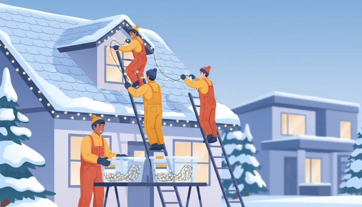 Sparkle crew on a clear winter day carefully removing roofline lights, neatly coiling each strand and placing it into labeled containers on the ground Sparkle crew on a clear winter day carefully removing roofline lights, neatly coiling each strand and placing it into labeled containers on the ground