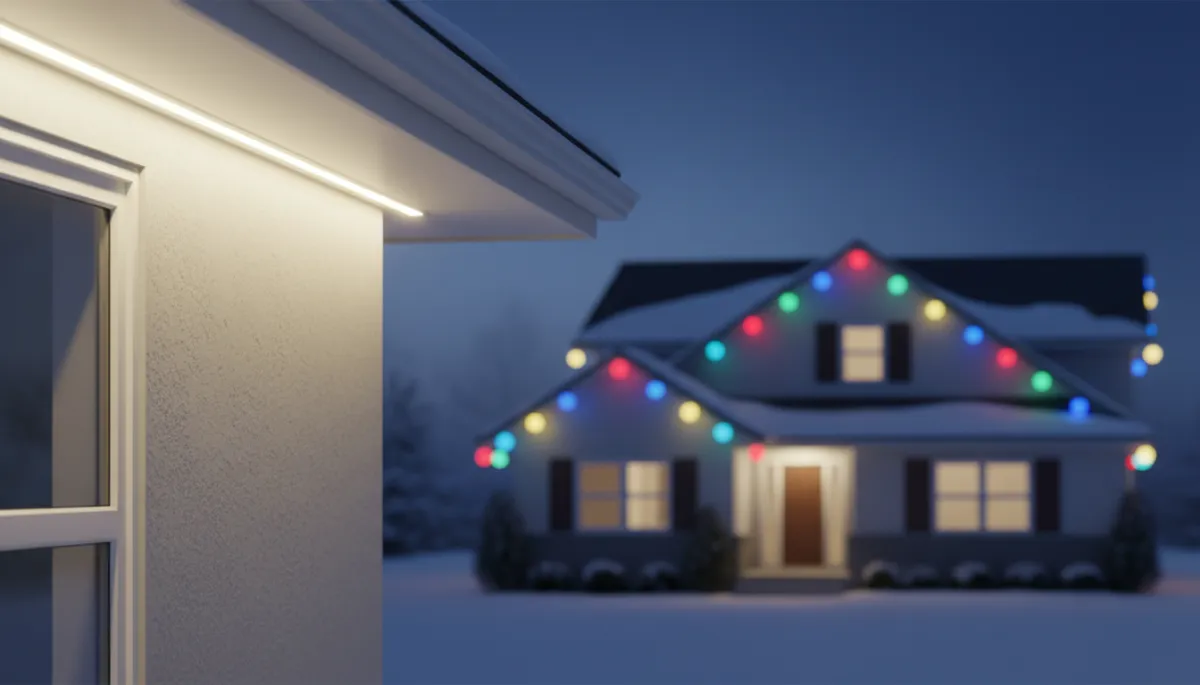 Under-soffit DIY LED strip glowing in multiple colors on one home, with a neighboring house in the background framed in classic warm white Christmas bulbs Under-soffit DIY LED strip glowing in multiple colors on one home, with a neighboring house in the background framed in classic warm white Christmas bulbs