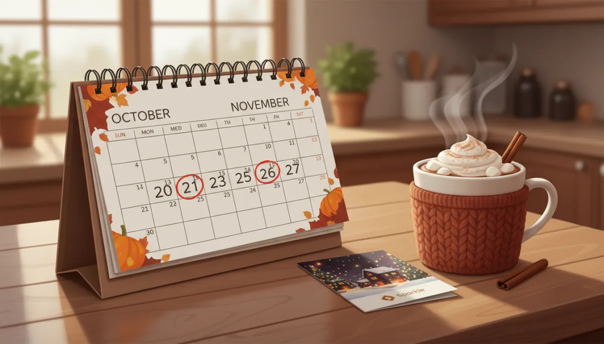 Kitchen counter scene with an open calendar marked in October and November, a Sparkle holiday lighting brochure, and a steaming mug of cocoa beside a pen Kitchen counter scene with an open calendar marked in October and November, a Sparkle holiday lighting brochure, and a steaming mug of cocoa beside a pen