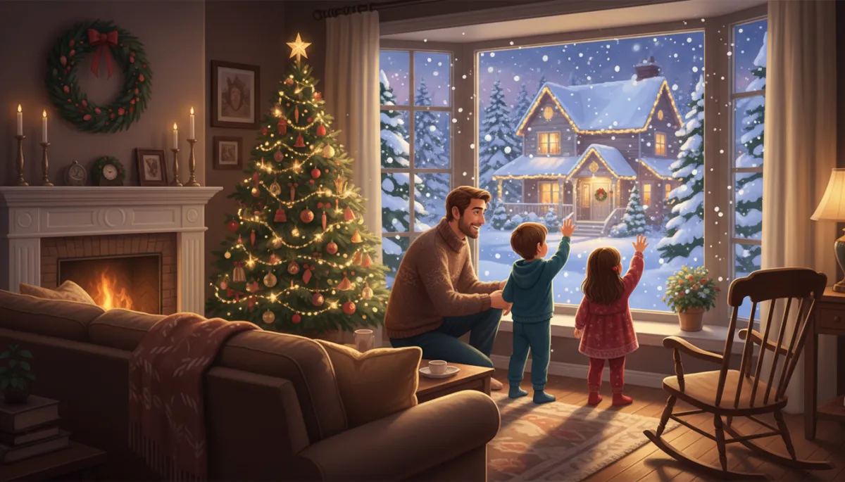 Cozy living room where a family gathers at the window, kids pointing out at their glowing, snow-dusted home while warm light spills across the floor Cozy living room where a family gathers at the window, kids pointing out at their glowing, snow-dusted home while warm light spills across the floor