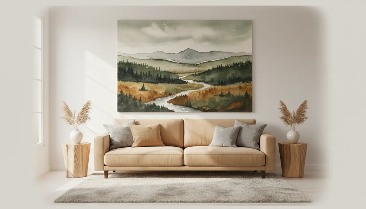 Professional neutral living room with a serene realistic landscape painting above a sofa