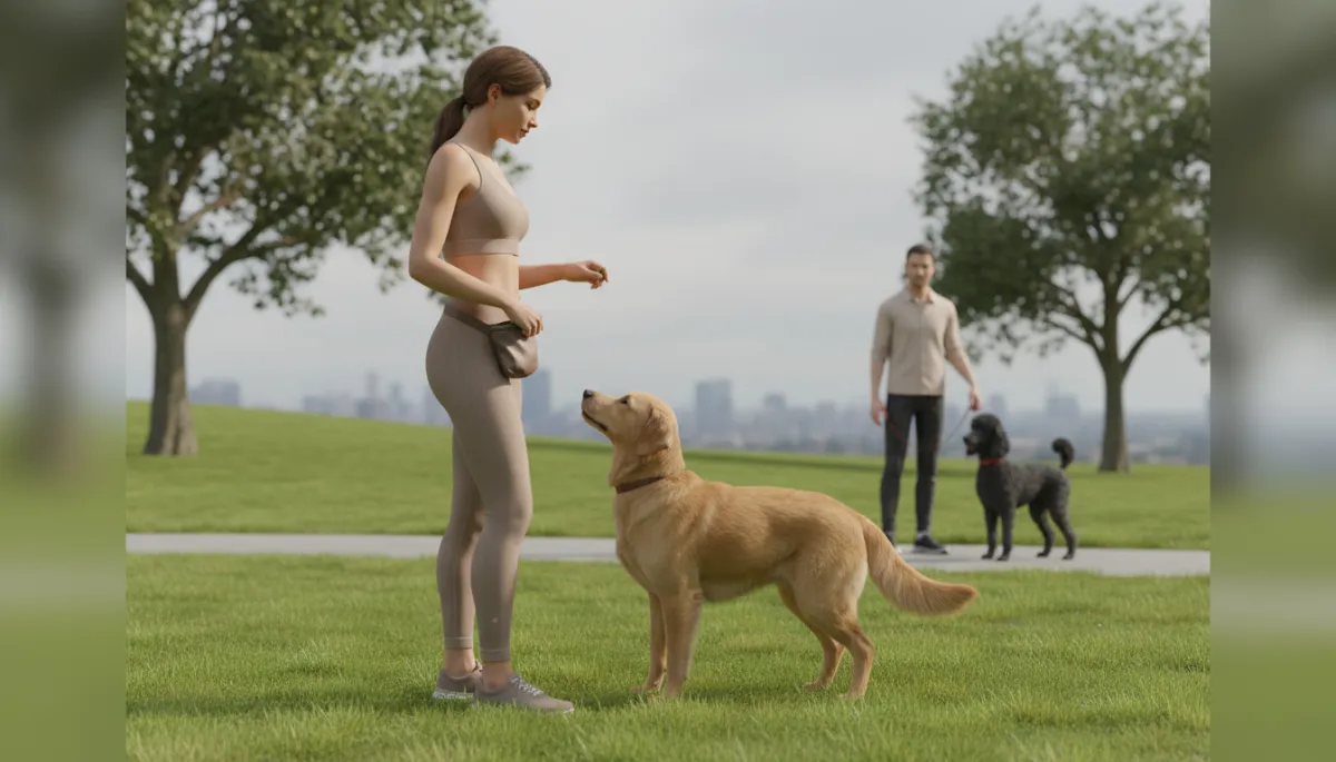Dog receiving treats while calmly observing another dog from a distance