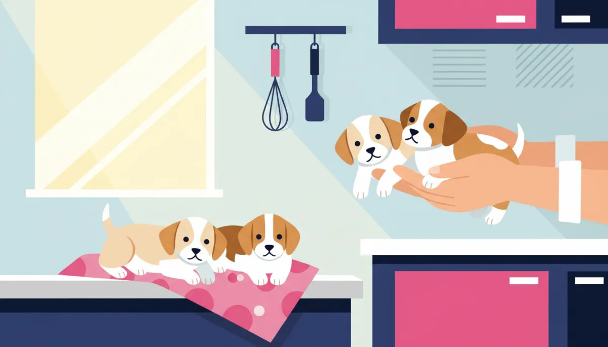 Professional photorealistic scene of puppies being gently handled by a caring UK breeder