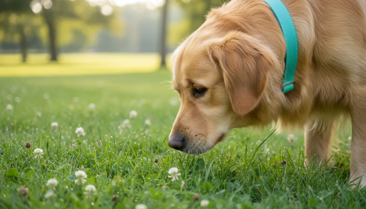 Well-groomed dog calmly sniffing in a tranquil park