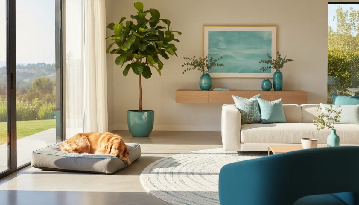 Relaxed dog sleeping peacefully in a stylish, luxurious living room