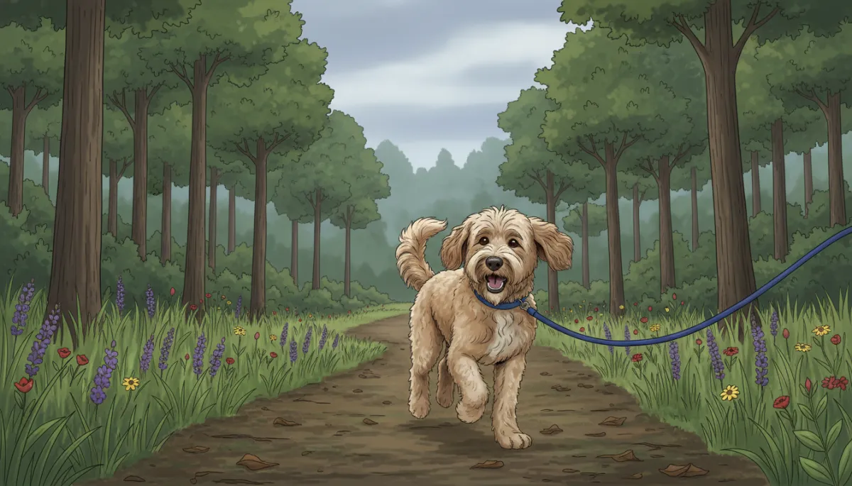 A lively, medium-sized dog with a joyful expression walks along a grassy nature trail, surrounded by tall wildflowers and green trees under a soft, overcast sky. The dog’s leash is relaxed, and its fur is slightly tousled, suggesting recent activity. The natural setting feels serene and unmanicured, with uneven ground, scattered leaves, and distant woods. The dog’s body language is energetic, perhaps mid-stride or playfully looking back at its owner, conveying a sense of boundless energy even after a long walk. The overall mood is natural and relatable, emphasizing an everyday outdoor adventure rather than luxury or urban life.